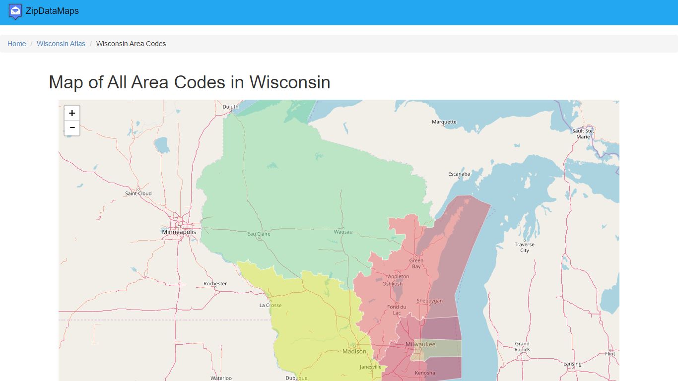 Map of All Area Codes in Wisconsin - August 2022 - Zipdatamaps.com